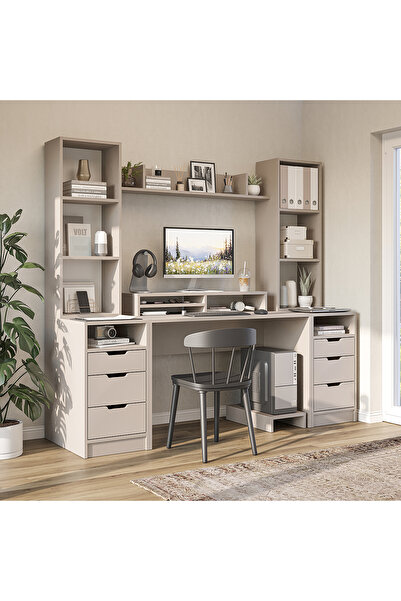 ROOMART Mode Kitaplıklı ve Raflı Çalışma Masası , Raflı Monitör Standlı Çalışma Ofis Masası , Bilgisayar Masası , 2 adet 3 Çekmeceli Kesonlu Çalışma Masası