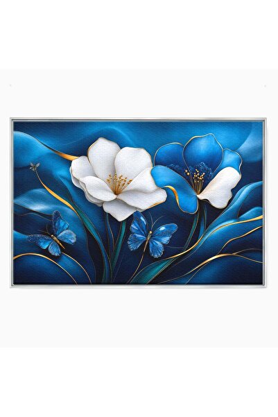 Luxcanva Tablou Canvas Flori Si Fluturi Albastri 60x40 cm cu Rama Argintiu Fl...