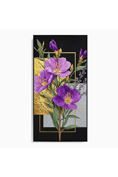 Luxcanva Tablou Canvas Flori Aurii si Mov 50x100 cm cu Rama Negru Flori Auriu...