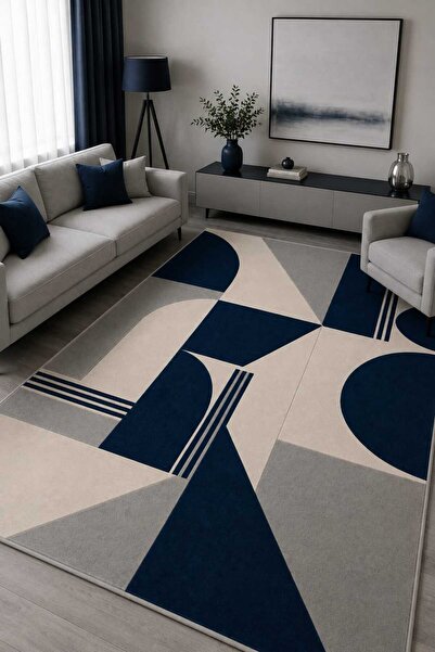 Bordo Halı Modern Geometrik Gri Lacivert Dijital Baskılı Yıkanabilir Kaymaz D...