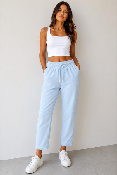 My Blog Blue Elastic Waist Linen Trousers - 23085