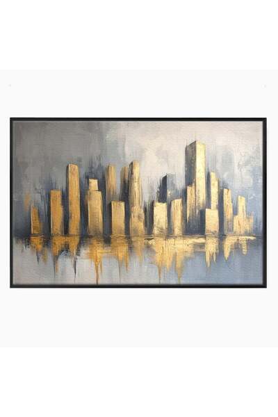 Luxcanva Tablou Canvas Orasul De Aur 100x70 cm cu Rama Negru Oras Peisaj Urba...