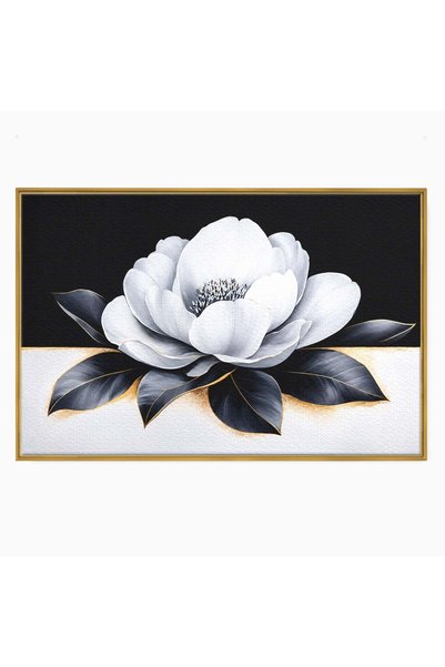 Luxcanva Tablou Canvas Floare Eleganta Alb-Negru cm cu Rama Auriu Floare Eleg...