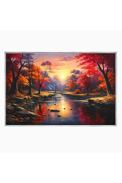 Luxcanva Tablou Canvas Apus Peste Râu 100x70 cm cu Rama Argintiu Apus Râu Copaci