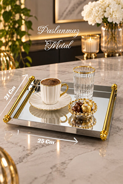 İnterlife Metal Presentation Tray with Gold Handles, Decorative Luxury Servin...