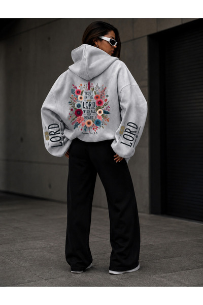 ZAVIXO Women's Oversize Hooded Sweatshirt Floral and Text Printed Long Sleeve...