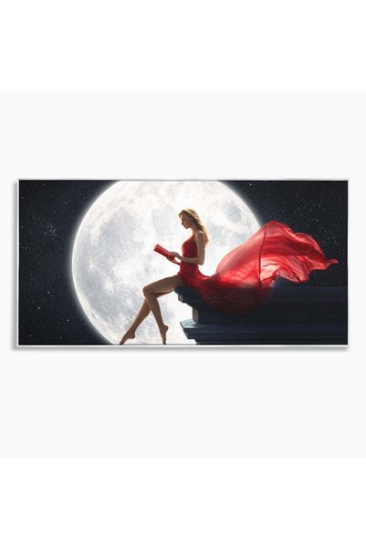 Luxcanva Tablou Canvas Femeie Citind Sub Luna Plina 120x60 cm cu Rama Arginti...