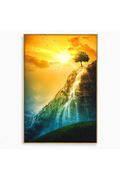 Luxcanva Tablou Canvas Copac Singuratic Pe Stanca 80x120 cm cu Rama Auriu Pei...