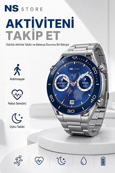 NS Store 49mm Tam Ekran Yuvarlak Akıllı Saat Çelik Silikon Kordonlu Adımsayar Nabız Sesli Görüşme Erkek Kol S