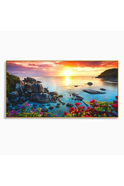 Luxcanva Tablou Canvas Apus Tropical 100x50 cm cu Rama Auriu Apus Plaja Mare