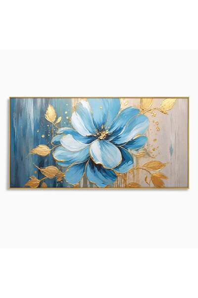 Luxcanva Tablou Canvas Armonie Albastră 140x70 cm cu Rama Auriu Floare Auriu ...