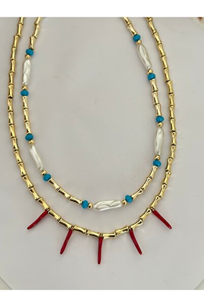 mibrillo Gold Bone Necklace with Red Pepper Charm and Pearl Necklace Set Doub...
