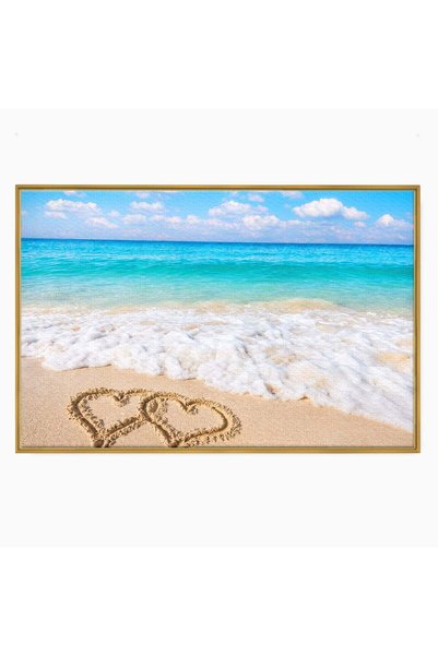 Luxcanva Tablou Canvas Inimi Pe Plaja 60x40 cm cu Rama Auriu Inimi Plaja Ocean