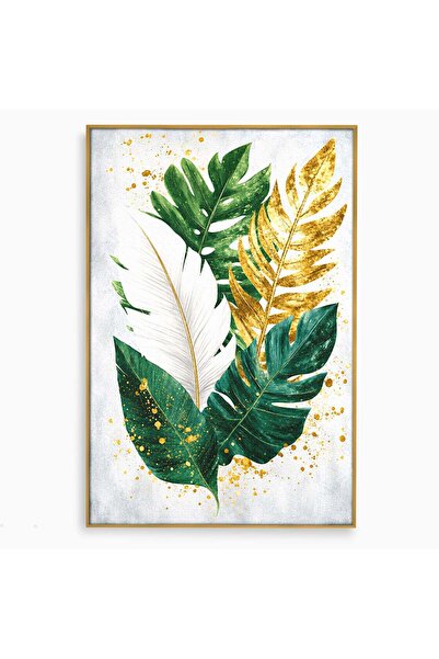 Luxcanva Tablou Canvas Frunze Tropicale 70x100 cm cu Rama Auriu Frunze Tropic...