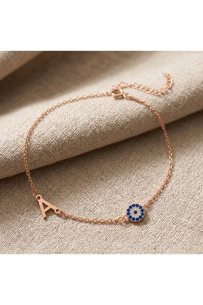 TEALHUB 925 Ayar Gümüş Kişiye Özel Nazar Boncuklu Harfli Rose Gold Rengi Bile...