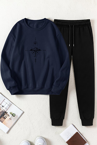 uyguntarz Unisex Compass Design Printed Crew Neck Sweatshirt - 2-Piece Tracks...