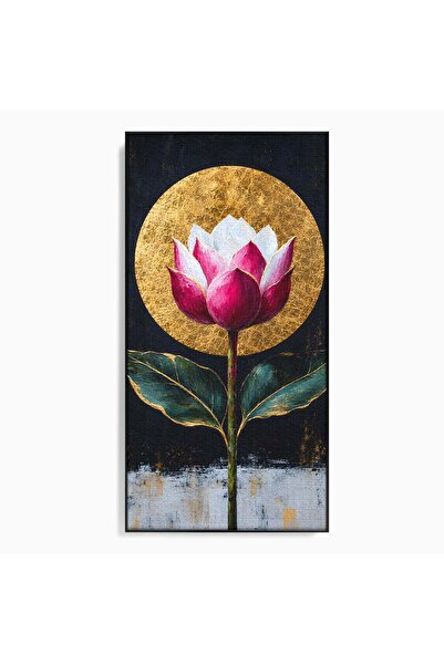 Luxcanva Tablou Canvas Eclipsa Florii 70x140 cm cu Rama Negru Floare Lotus Auriu
