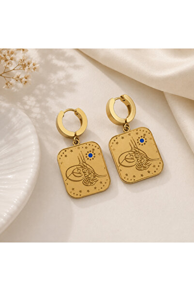 Archhazel Jewelery Steel Gold Tuğra Detailed Dangle Earrings