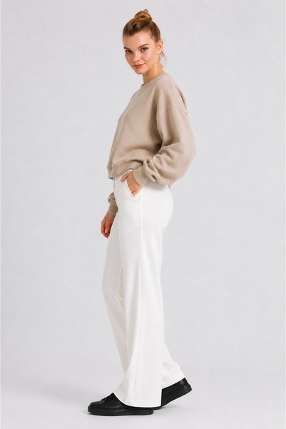 ESADE White Wide Leg Palazzo Pants with Side Pockets High Waist Stretch Fabric Trousers
