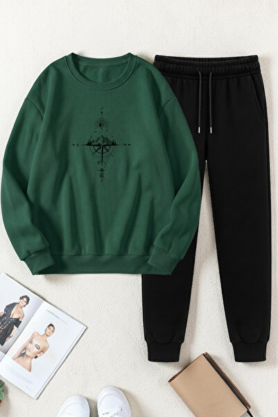 uyguntarz Unisex Compass Design Printed Crew Neck Sweatshirt - 2-Piece Tracks...