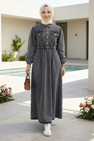 Hb Harma Time Butik Women's Buttoned Elastic Waist Pocketed Denim Black Dress