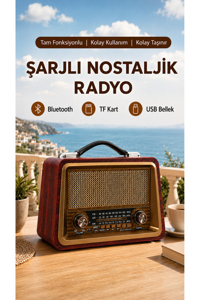 ULTRATEKNO R-2066BT Şarjlı Nostaljik Radyo Bluetooth Hoparlör USB TF Kart Type-C FM AM SW 3 Bant
