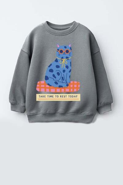 Monila Girl's 3 Thread Fabric Cotton Blue Cat Printed Sweatshirt