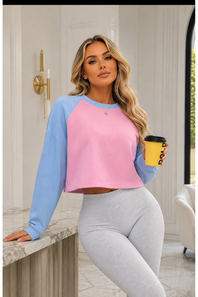 ÖZ PAMUK Women's Raglan Sleeve Crew Neck Long Sleeve Blouse