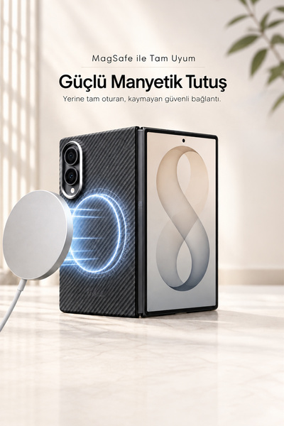 bbtech Samsung Galaxy Z Fold 8 İle Uyumlu Darbe Koruyucu MagSafe Manyetik Özellikli Kevlar Desenli İnce Premium Kılıf