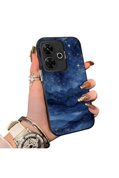 ucuc Xiaomi Redmi 13/13X Uyumlu Lacivert Su Boyası Dağ‑Yıldız Sanat Deseni Ak...
