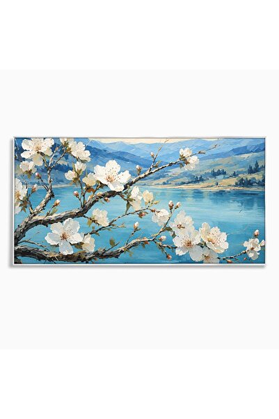 Luxcanva Tablou Canvas Floare De Cires Pe Lac 140x70 cm cu Rama Argintiu Floa...