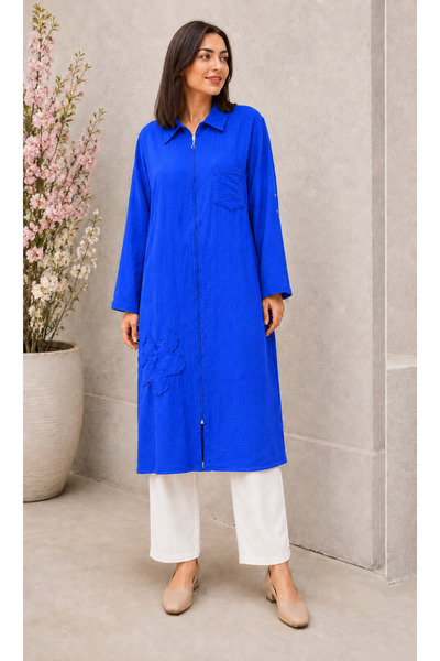 AGORATEKSTİL Women's Washed Cotton Fabric Zippered Long Sleeve Cap 42-48