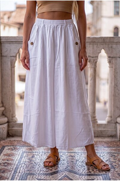 Chiccy White Pocketed Unlined Elastic Waist Casual Linen Look Oversize Woven ...