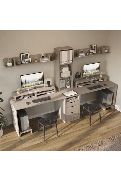 ROOMART Mode 3 Çekmeceli Kesonlu Çalışma Masası , Raflı Monitör Standlı Çalışma Ofis Masası , Bilgisayar Masası , 2 adet Raflı Çalışma Masası