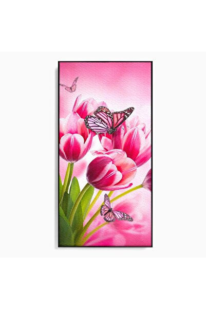 Luxcanva Tablou Canvas Lalele Si Fluturi 50x100 cm cu Rama Negru Lalele Flutu...
