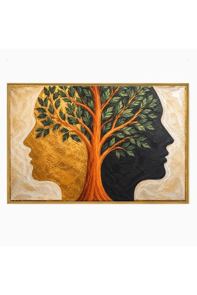 Luxcanva Tablou Canvas Arborele Vietii 100x70 cm cu Rama Auriu Arbore Silhoue...
