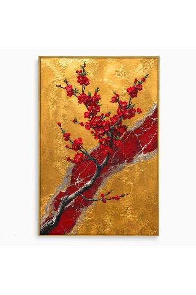 Luxcanva Tablou Canvas Sakura Pe Fundal Auriu 40x60 cm cu Rama Auriu Sakura C...