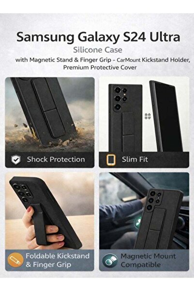 Coverscart Samsung Galaxy S24 Ultra Premium Silicone Case with Magnetic Stand & Finger Grip, Car Mount Compatible Kickstand Cover - Black