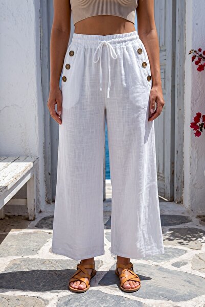 Chiccy White Pocketed Elastic Waist Wide Leg Casual Linen Look Woven Trousers...