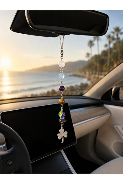 WhimsyWhite Natural Stone Car Rearview Mirror Ornament – Moonstone, Aquamarin...
