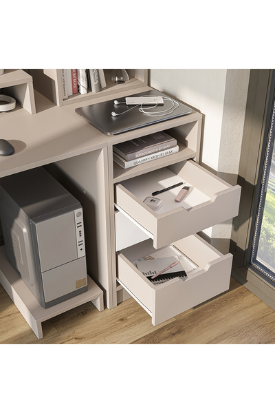 ROOMART Mode 3 Çekmeceli Kesonlu Çalışma Masası , Raflı Monitör Standlı Çalışma Ofis Masası , Bilgisayar Masası , 2 adet Raflı Çalışma Masası