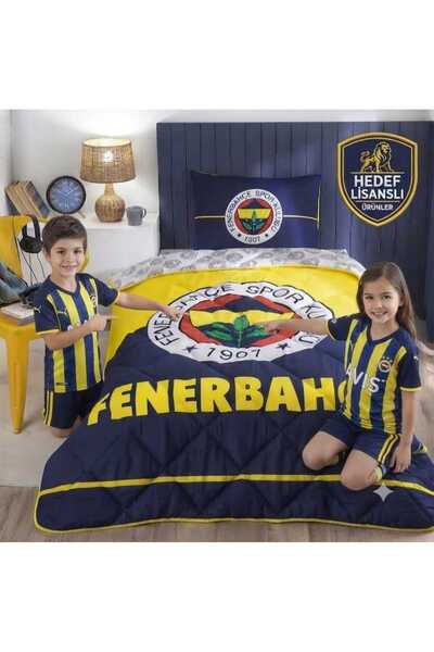 Taç Lisanslı Fenerbahçe Logo Pamuk Yorgan Seti Tek Kişilik (Dolgulu Yastık He...