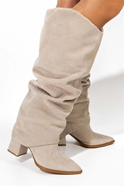 Les Passent Women's Santorini Beige Suede Snap-On Boots with Drawstring Detail