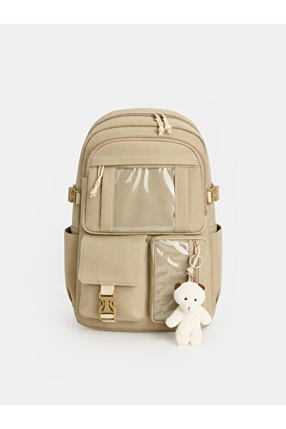 LC Waikiki Beige Women's Backpack with Teddy Bear Accessories