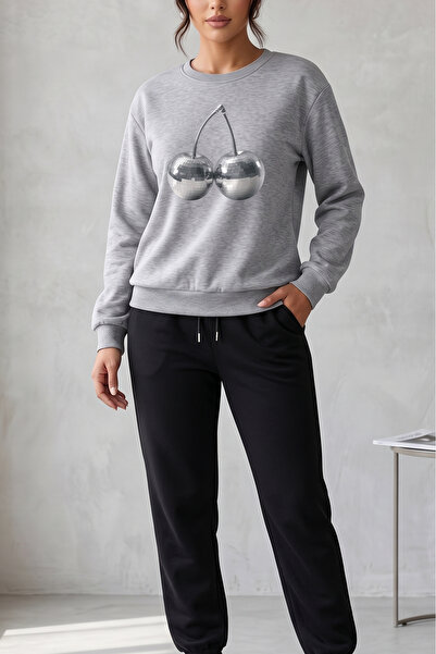 uyguntarz Unisex Disco Ball Cherry Design Φούτερ με στάμπα με λαιμόκοψη - Σετ...