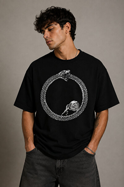 Dupe Design Unisex Oversize Yılan Ouroboros Baskılı Siyah Tişört.