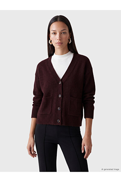 LC Waikiki Vizyon New Season Burgundy V-Neck Women's Knitwear Cardigan