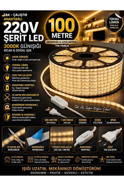ECONA 100 Metre 220V Tak Çalıştır Anahtarlı Şerit LED - Metrede 240 LED Ultra...