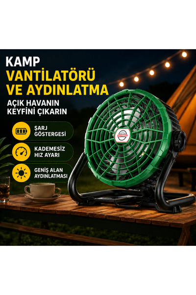 farissu 2’si 1 Arada Şarjlı Kamp Vantilatörü & LED Aydınlatma – Güçlü Hava Ak...