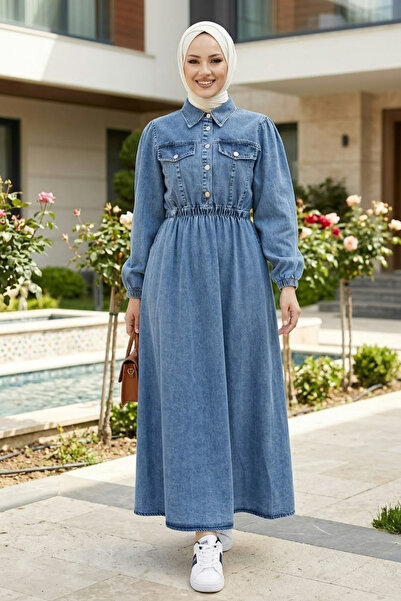 Hb Harma Time Butik Women's Buttoned Elastic Waist Pocketed Denim Blue Dress